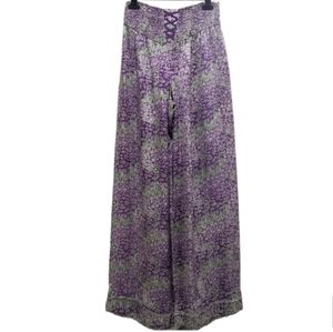 Poupette St Barth 100% Silk Wide Leg Pull On Pants Purple Large Printed